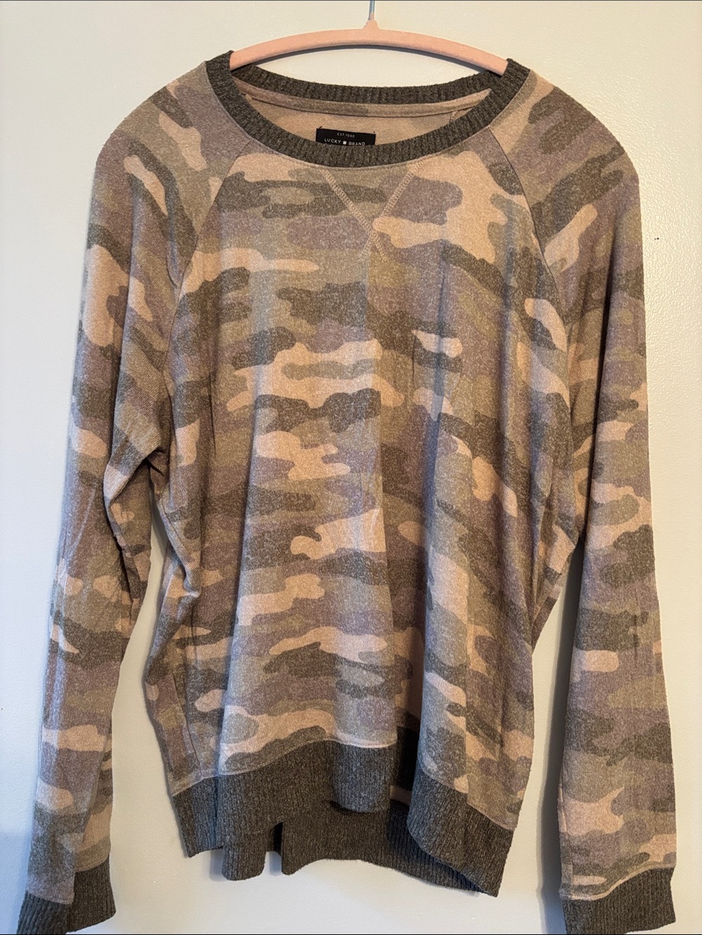 Lucky Brand Women's Camo Scoop Neck Sweater in Beige, Olive & Taupe
